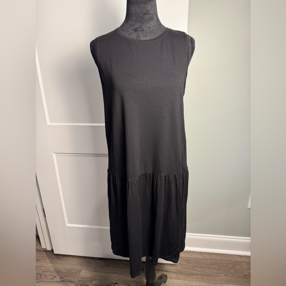 Eileen Fisher Black Tencel Stretch Jersey Round Neck Dress drop waist